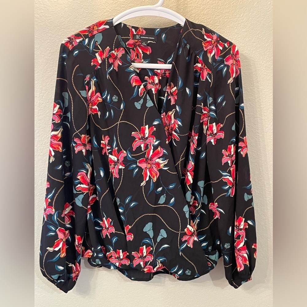 INC International Concepts Black Floral Blouse PL Large Career‎ Formal top